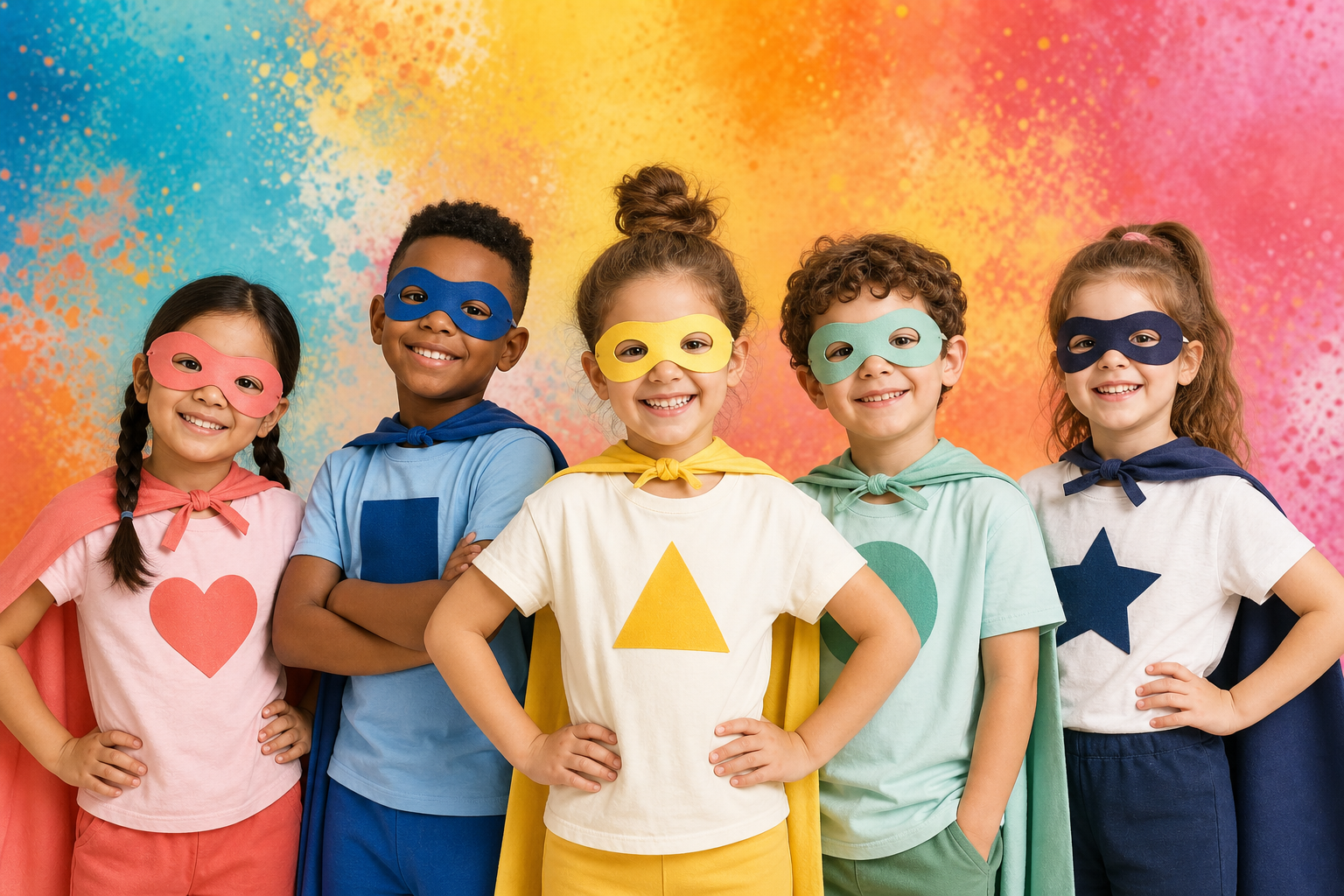 Diverse group of children dressed as superheroes