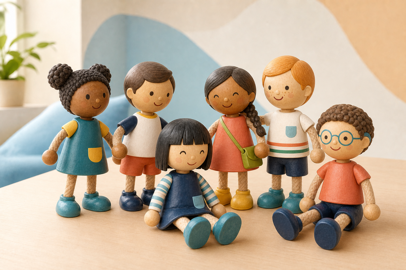 Diverse group of wooden child dolls