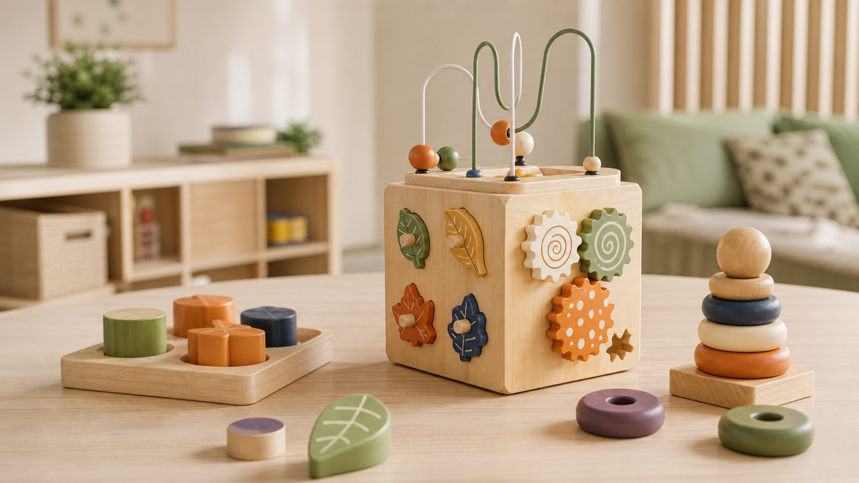 Wooden Montessori activity cube and learning toys