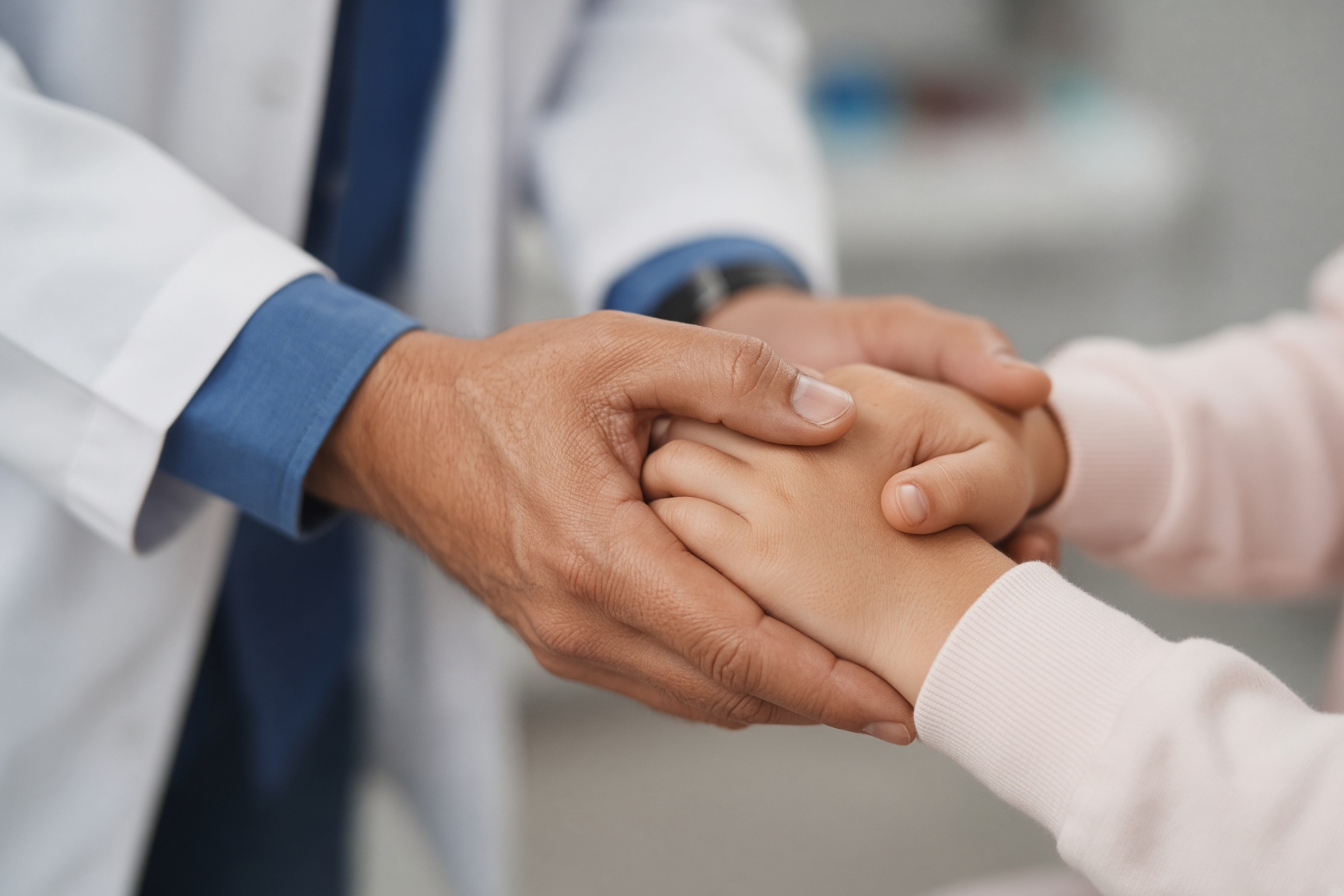 Healthcare professional holding a child's hands